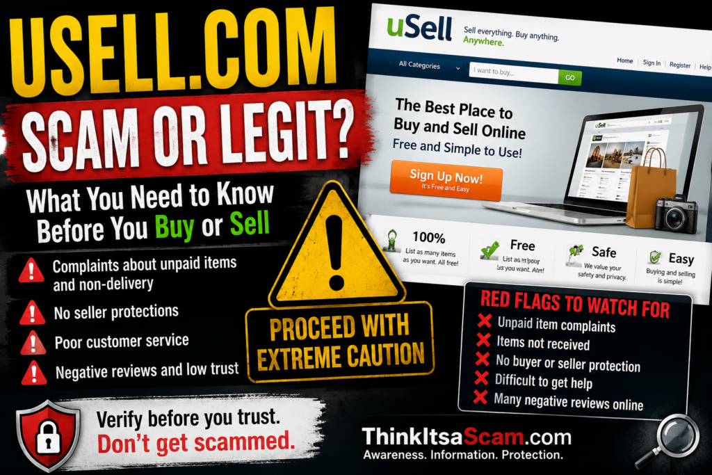 uSell.com scam or legit review showing an online electronics marketplace, unpaid item concerns, non-delivery complaints, and buyer and seller warning signs
