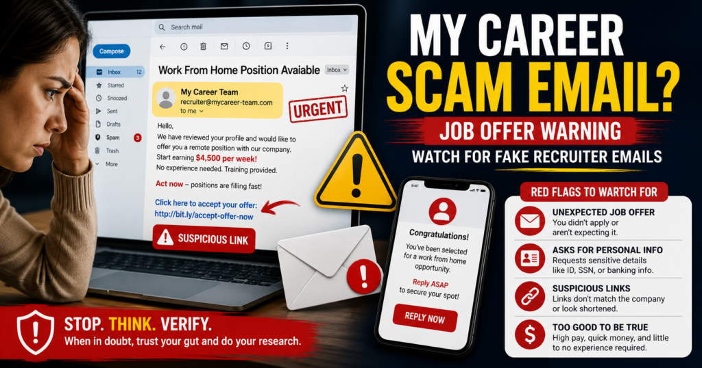 My Career scam email warning showing a fake work-from-home job offer, suspicious recruiter message, and phishing red flags
