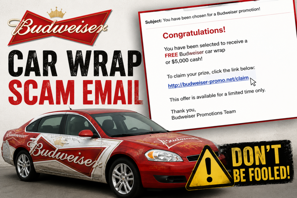 Budweiser car wrap scam email warning showing a fake promotional offer and wrapped car
