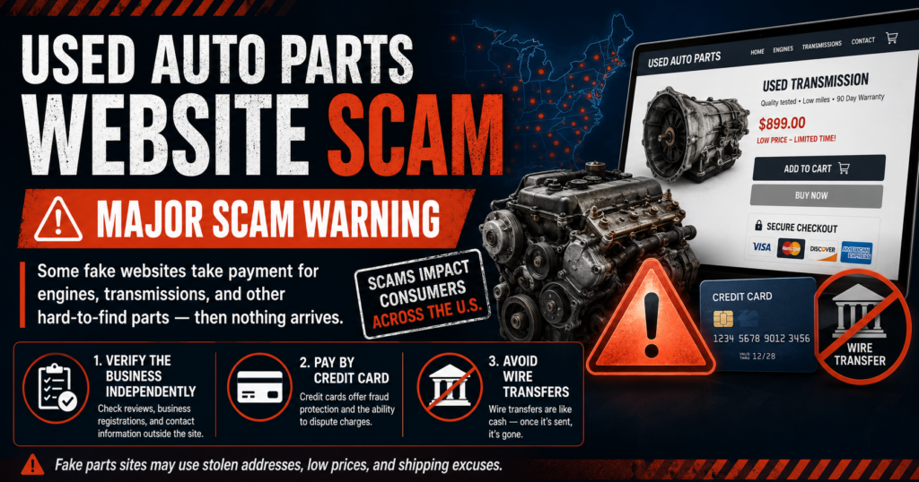 Used auto parts website scam warning showing fake engine and transmission listings, suspicious payment requests and seller verification