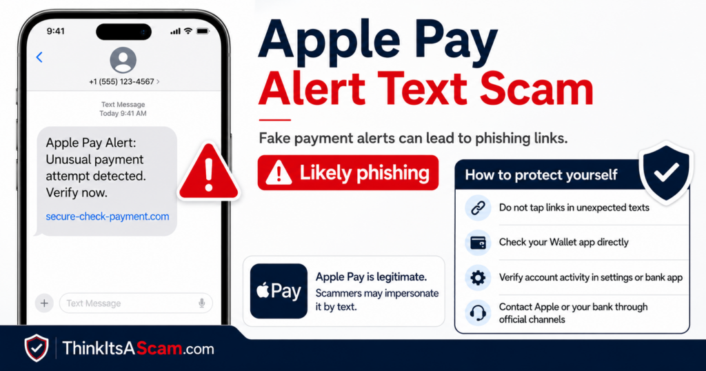 Illustrative graphic: check Wallet and your card issuer independently before following an unexpected alert. Illustrative Apple Pay alert graphic and advice to verify unexpected payment warnings independently.