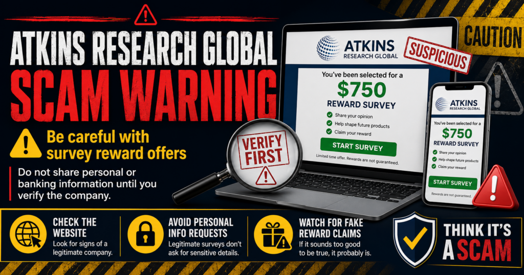 Warning about suspicious Atkins Research Global survey offers, reward claims, and requests for personal or banking information. Atkins Research Global scam warning showing a suspicious survey reward offer and advice to verify the company before sharing personal information