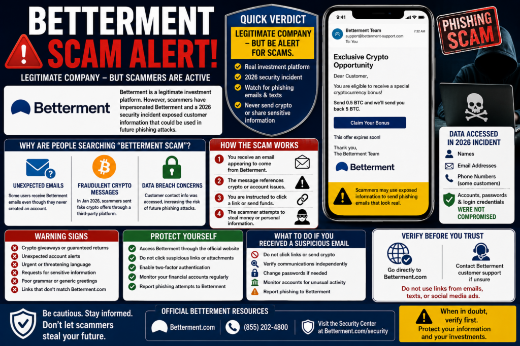 Betterment scam alert showing a fraudulent cryptocurrency email, phishing warning signs, exposed contact information concerns, and steps for verifying Betterment communications.