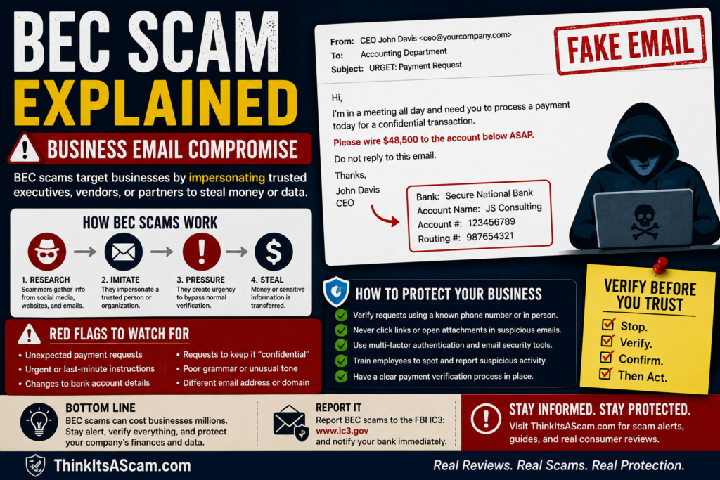 Business Email Compromise scam warning showing a fraudulent executive email, altered payment instructions, wire fraud, and independent verification steps