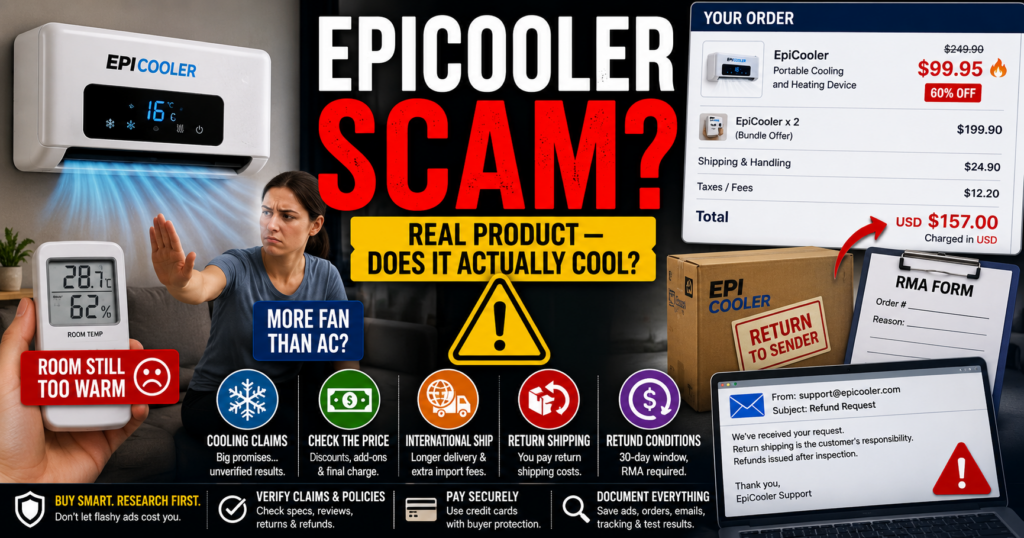 EpiCooler Scam or Legit? Cooling Claims, Reviews and Refunds EpiCooler scam or legit review examining portable air conditioner cooling claims, complaints, returns and refunds