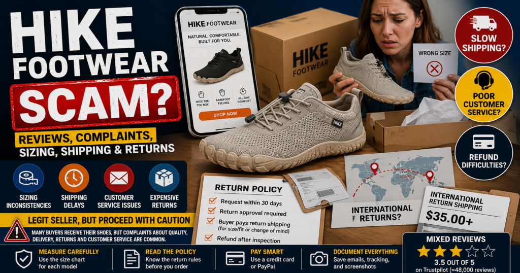Hike Footwear scam or legit review covering barefoot shoes, sizing complaints, customer service, returns and refunds