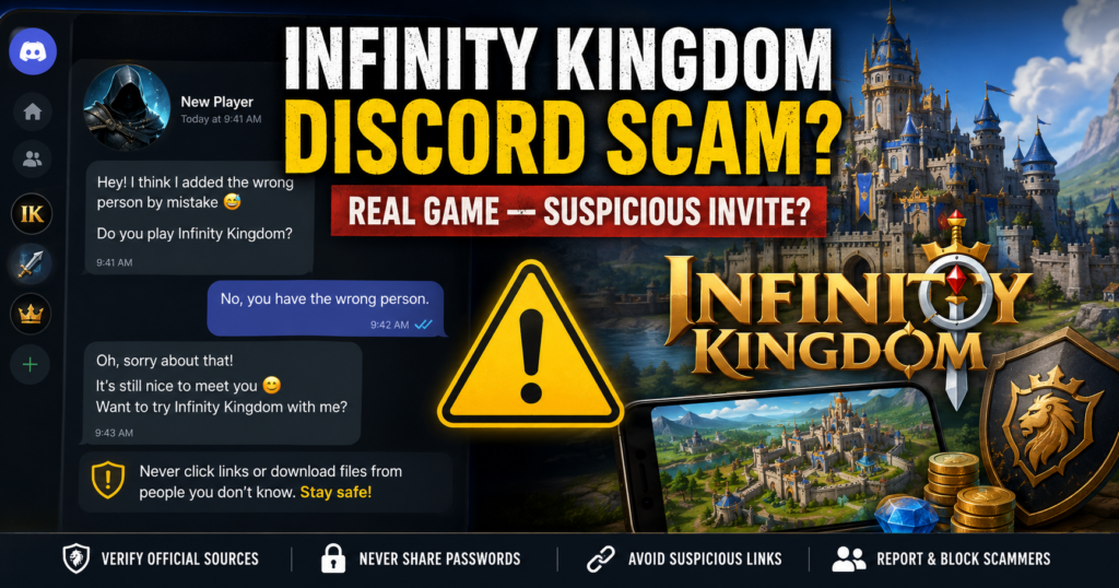 Infinity Kingdom Discord scam warning showing an unexpected game invitation from an unknown user