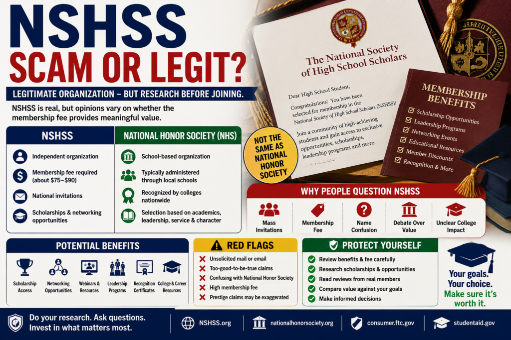 Is NSHSS a scam graphic explaining the membership fee, invitations, scholarships, and difference between NSHSS and NHS.