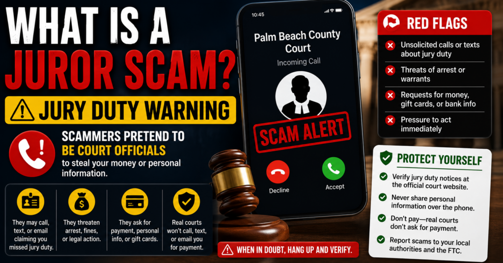 Jury Duty Scam Warning: Fake Arrest Warrants, Calls and Payment Demands Jury duty scam warning showing fake arrest warrants, threatening court calls, payment demands and independent court verification
