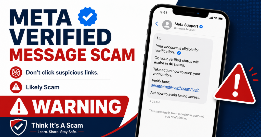 Fake Meta Verified messages may threaten account suspension or loss of verification to pressure users into clicking phishing links. Meta Verified message scam warning showing a fake account verification message with a suspicious login link