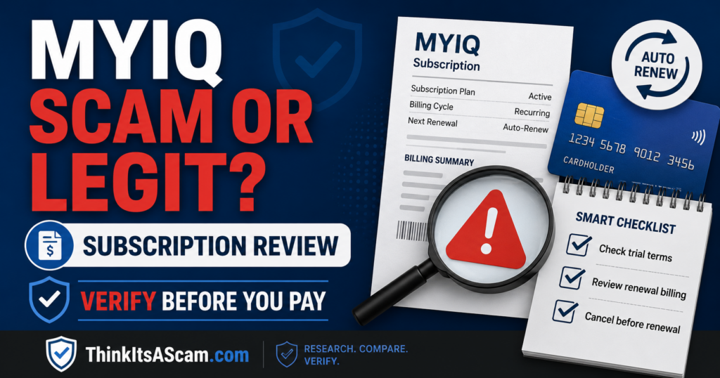 MyIQ scam or legit subscription review showing the $1 trial, recurring billing, cancellation and refund concerns