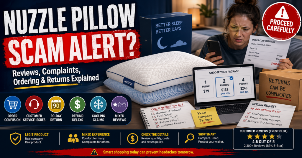 Nuzzle Pillow scam or legit review covering customer complaints, order quantities, returns and refunds