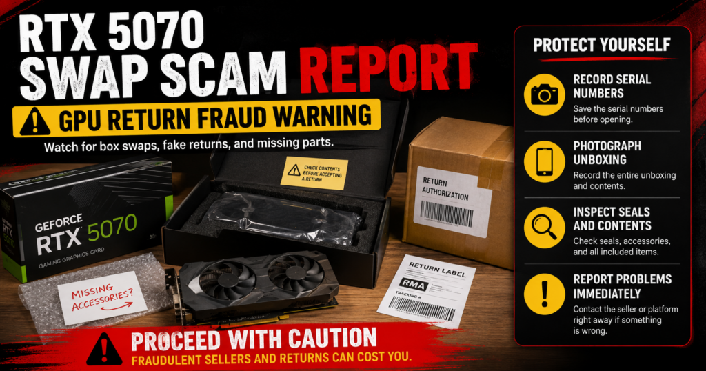 RTX 5070 swap scam and GPU return fraud warning showing tampered packaging, mismatched graphics cards, serial-number checks, and unboxing documentation