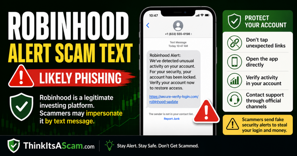 Robinhood Scam Text - Fake Alerts and Account Takeover Warning Robinhood scam text warning showing fake security alerts, suspicious support numbers, phishing links, verification-code theft and account takeover