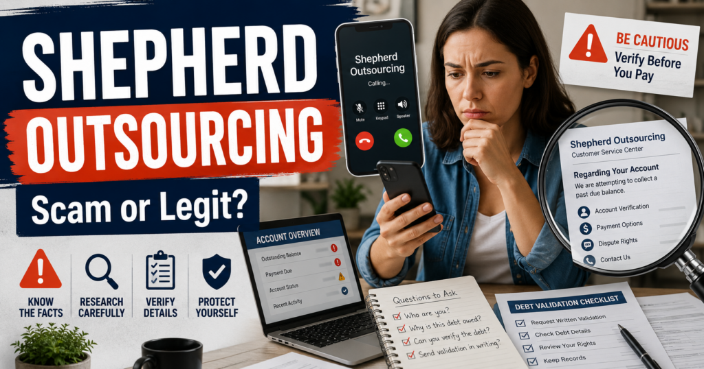Shepherd Outsourcing scam or legit explainer showing debt collection texts, account verification, debt validation, and impersonation scam warnings