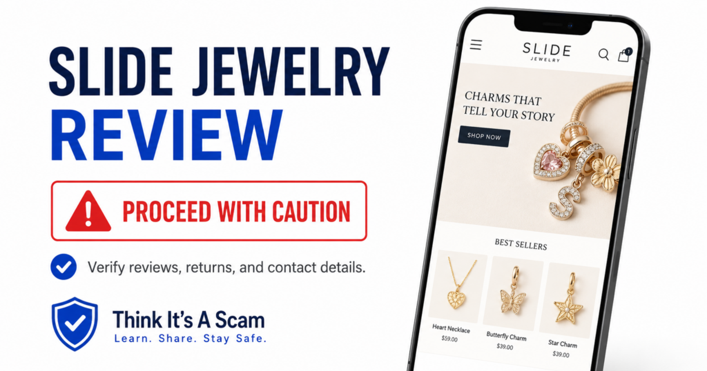 Slide Jewelry review showing an online jewelry store with a proceed with caution warning Slide Jewelry review showing an online jewelry store with a proceed with caution warning