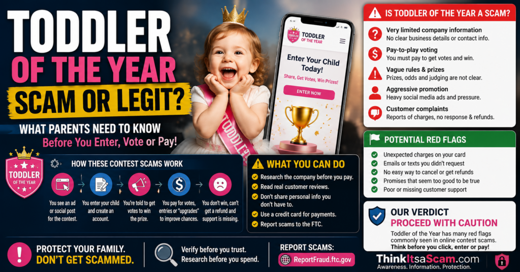 Toddler of the Year scam or legit explainer showing free voting, donation-generated votes, fundraising, prizes, and child photo privacy considerations