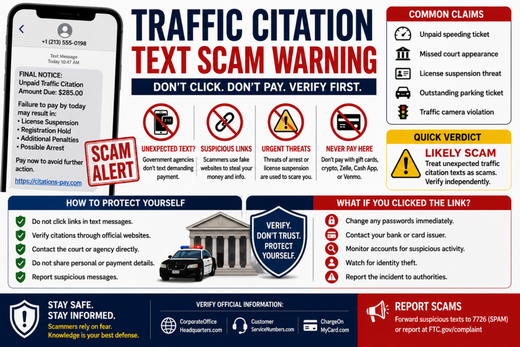 Traffic Citation Text Scam: Fake Tickets, QR Codes and DMV Warnings Traffic citation text scam warning showing fake ticket notices, QR codes, payment links and license suspension threats