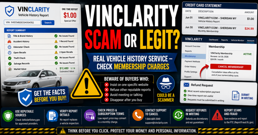 VINClarity is a real vehicle-history service, but users should verify report pricing, membership terms, and unfamiliar charges. VINClarity scam or legit review showing a vehicle history report, recurring membership charge, cancellation, and refund request