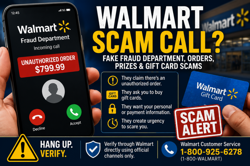 Walmart scam call warning showing a fake fraud department call about an unauthorized order