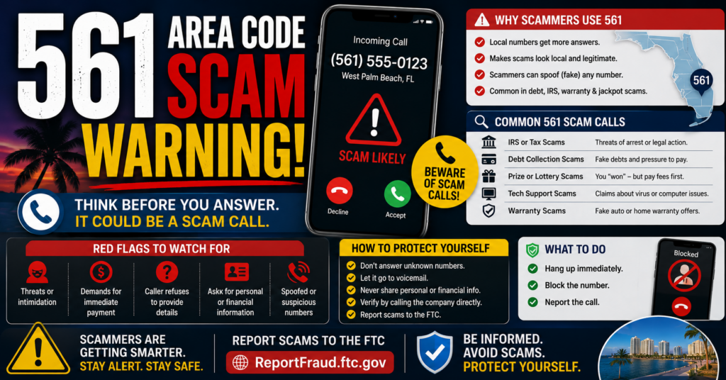 The 561 area code is legitimate, but scammers can spoof Palm Beach County numbers to make fraudulent calls and texts appear local. 561 area code scam warning showing a spoofed Palm Beach County call, suspicious local number, and phone scam red flags