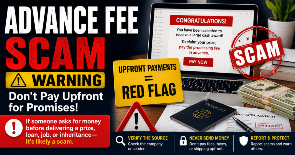 Advance-fee scam warning showing the pay-first pattern used in loan, prize, grant and recovery scams