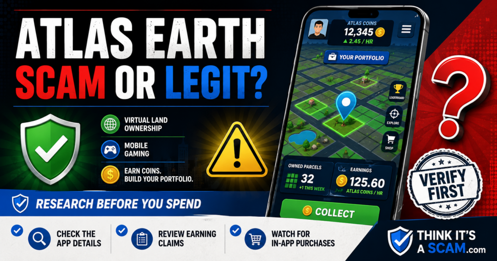Atlas Earth scam or legit review explaining virtual land, $5 cash-outs, rent boosts, ads, account bans and rewards
