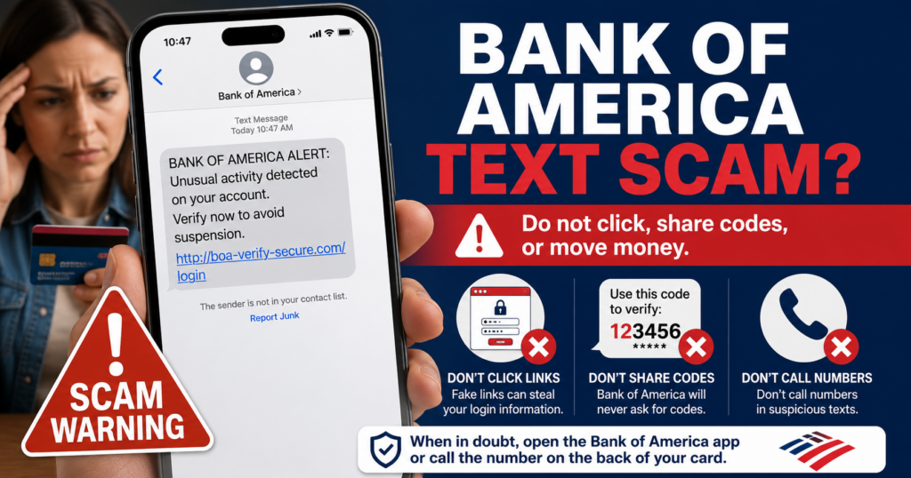 Bank of America sends legitimate alerts, but an unexpected text asking for login information, security codes, or money should be treated as a scam. Bank of America text scam warning showing a fake fraud alert asking the recipient to click a link