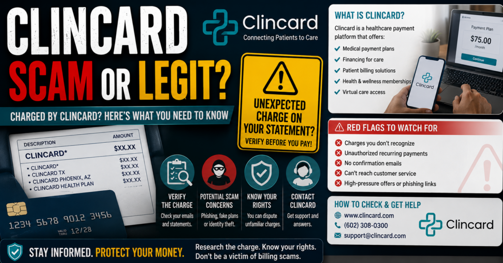 ClinCard is a legitimate clinical-trial payment card, but participants should verify unexpected messages, fees, balances, and payment requests through their study coordinator. ClinCard scam or legit guide showing a clinical trial payment card, participant payment, balance check, fees, and phishing warning
