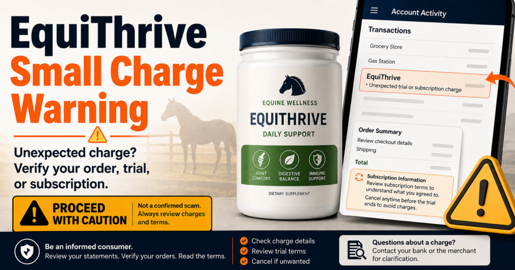 Equithrive Small Charge: Verify Orders, Autoship and Unauthorized Transactions Equithrive small charge warning explaining how to verify an unfamiliar order, Autoship renewal, authorization, or possible unauthorized transaction