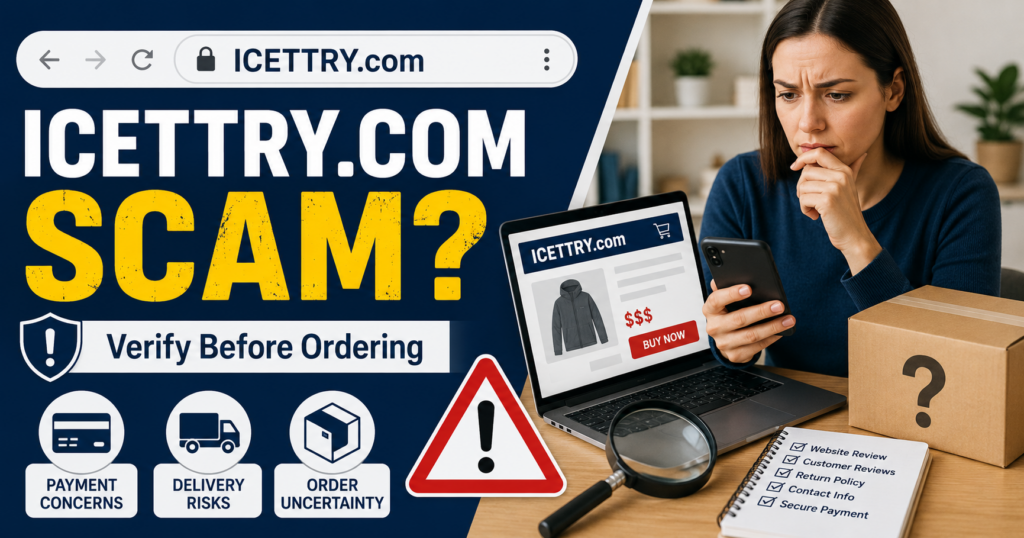 Before ordering from ICETTRY.com, verify the seller, payment security, delivery terms, customer reviews, and return policy. ICETTRY.com scam or legit warning showing a shopper verifying the website, payment terms, delivery, and return policy