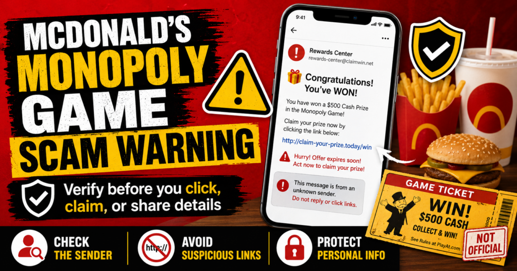 McDonald's Monopoly scam warning explaining the historical McMillions fraud, fake prize messages, suspicious claim links, and prize-fee scams