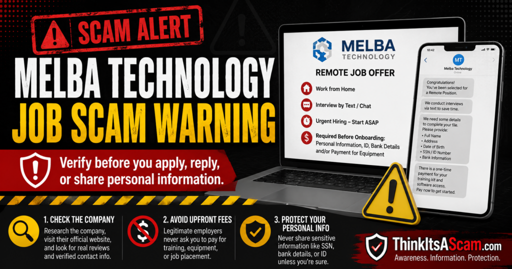 Warning about suspicious Melba Technology job offers involving text-only interviews, upfront fees, or requests for sensitive personal and banking information. Melba Technology job scam warning showing a suspicious remote job offer, text interview, upfront payment request, and personal information warning