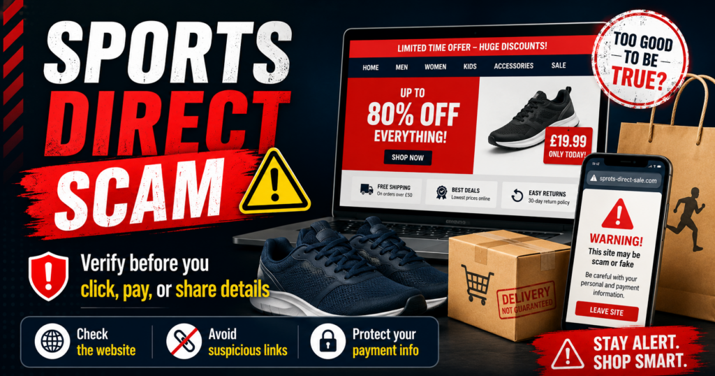 Sports Direct scam warning: Check fake websites, suspicious ads, and extreme discount offers before paying. Sports Direct scam warning showing a fake discount website, suspicious link, and online shopping safety advice