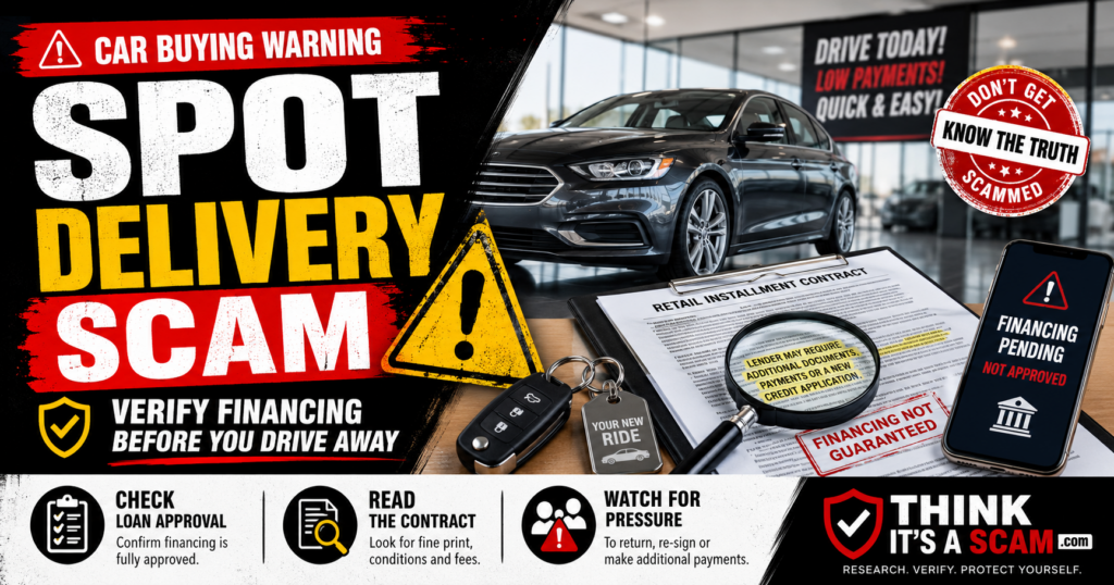 Warning about spot delivery scams involving conditional financing, additional documents, higher payments, or demands to return the vehicle. Spot delivery scam warning showing a dealership car, retail installment contract, and financing pending notice