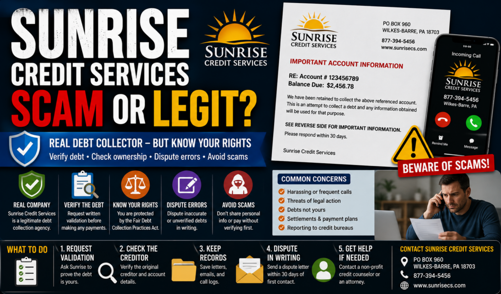 Sunrise Credit Services appears to be a legitimate debt collector, but consumers should verify the debt and original creditor before making a payment. Sunrise Credit Services scam or legit warning showing a debt collection call, validation letter, credit report concern, and consumer rights