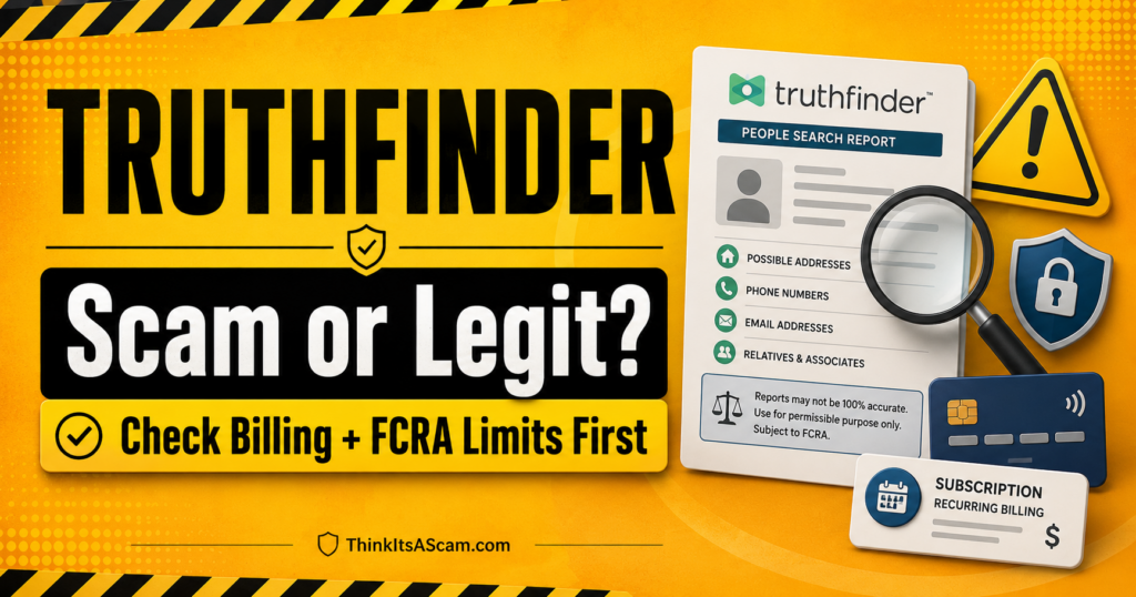 ruthFinder appears to be a real people-search service, but consumers should review billing terms, report accuracy limits, and legal-use restrictions before relying on reports. TruthFinder scam or legit warning - check billing and FCRA limits first