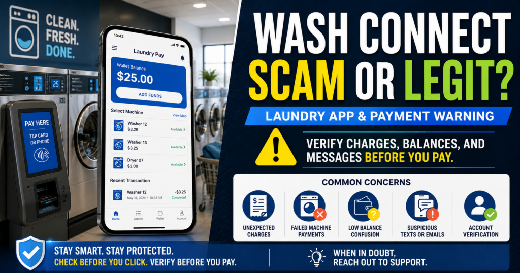 WASH-Connect Scam or Legit? Charges, Refunds and Laundry App Problems WASH-Connect scam or legit warning showing a laundry payment app, washing machines, unexpected charges, balance issues and account verification