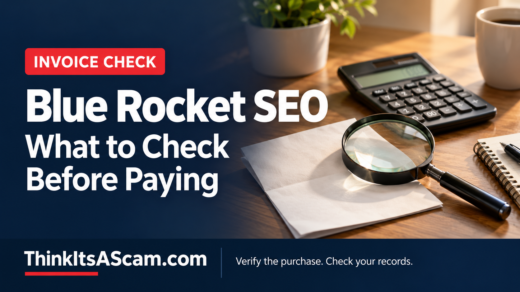 Blue Rocket SEO: what to check before paying, with a magnifying glass, blank papers and calculator; TIAS editorial illustration.