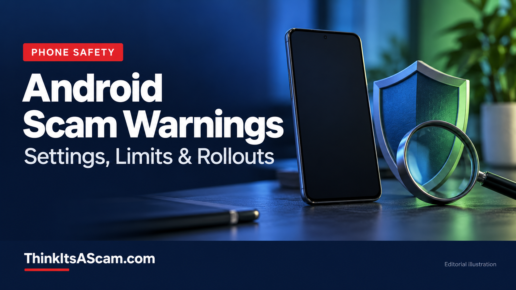 Android scam warning guide illustrated with a blank-screen smartphone, shield and magnifying glass.