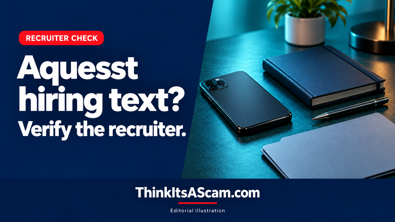 Editorial illustration of a phone, notebook and document folder beside advice to verify an Aquesst recruiter.