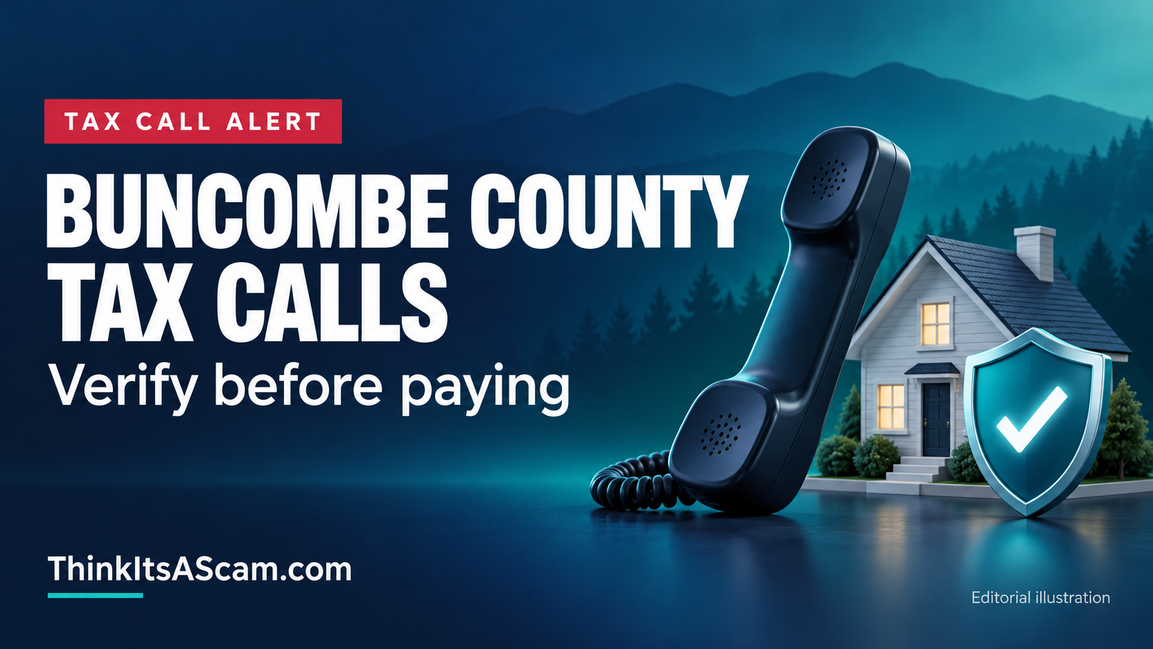 Buncombe County tax-call verification guide with a conceptual telephone, house and shield; editorial illustration.