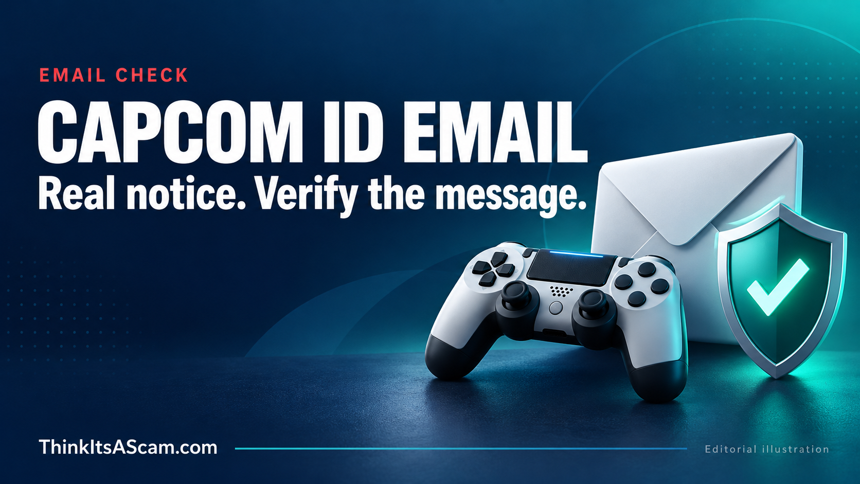 CAPCOM ID email verification guide with a conceptual envelope, game controller and shield; editorial illustration.