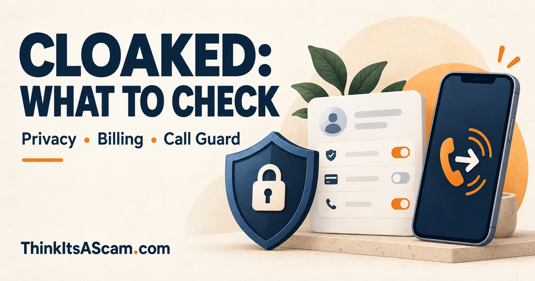 Cloaked privacy, billing and Call Guard checklist illustration with a shield, subscription card and phone-forwarding symbol.
