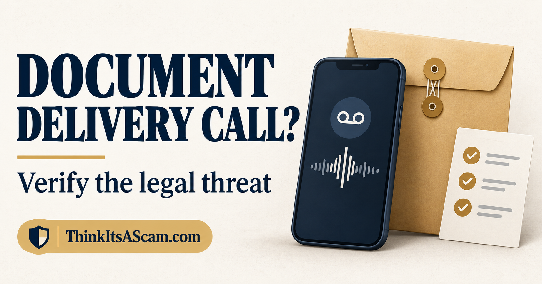 Illustration of a voicemail phone, document envelope and verification checklist.