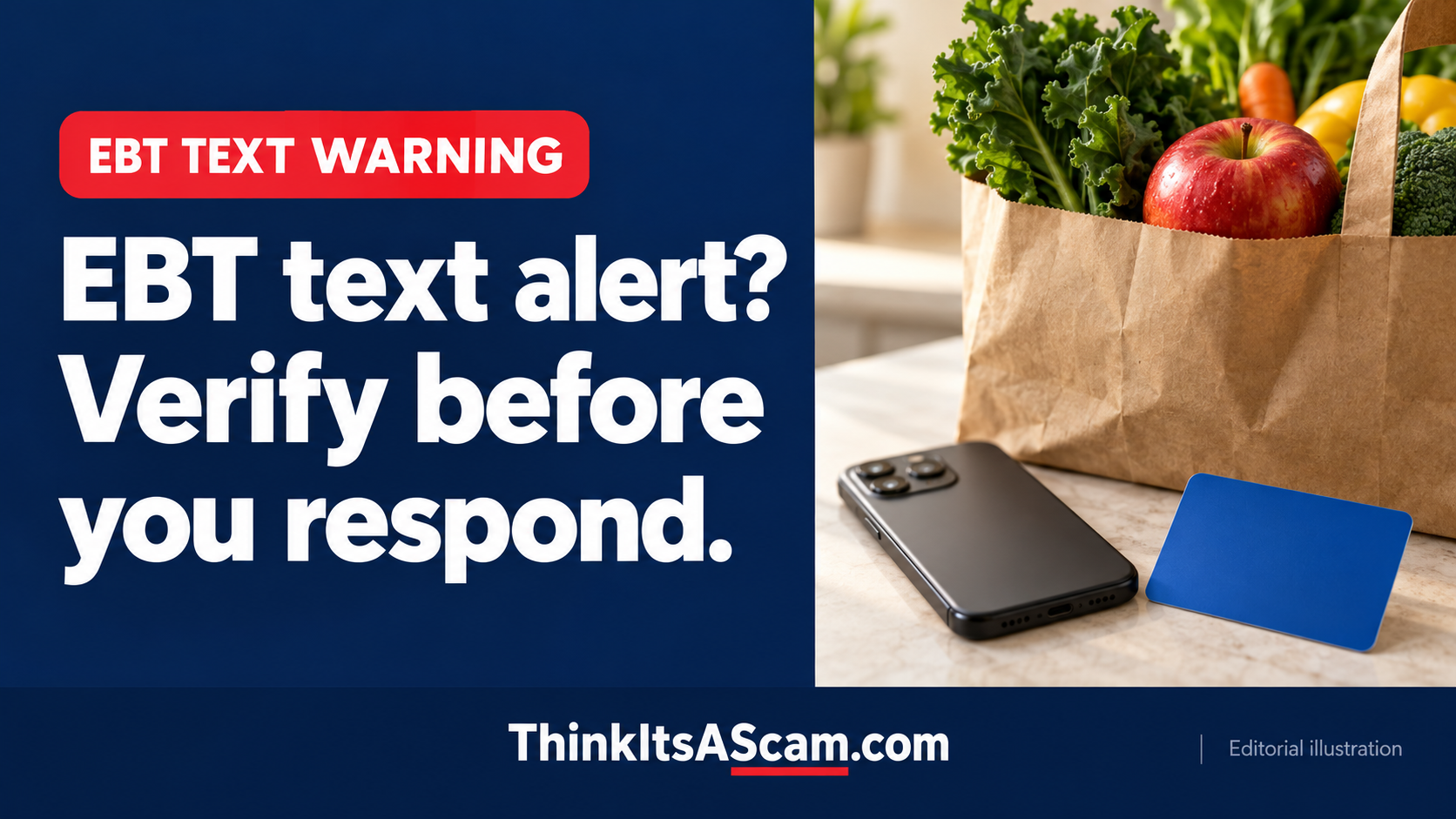 Editorial illustration of groceries, a face-down phone and a blank card beside advice to verify an EBT text before responding.