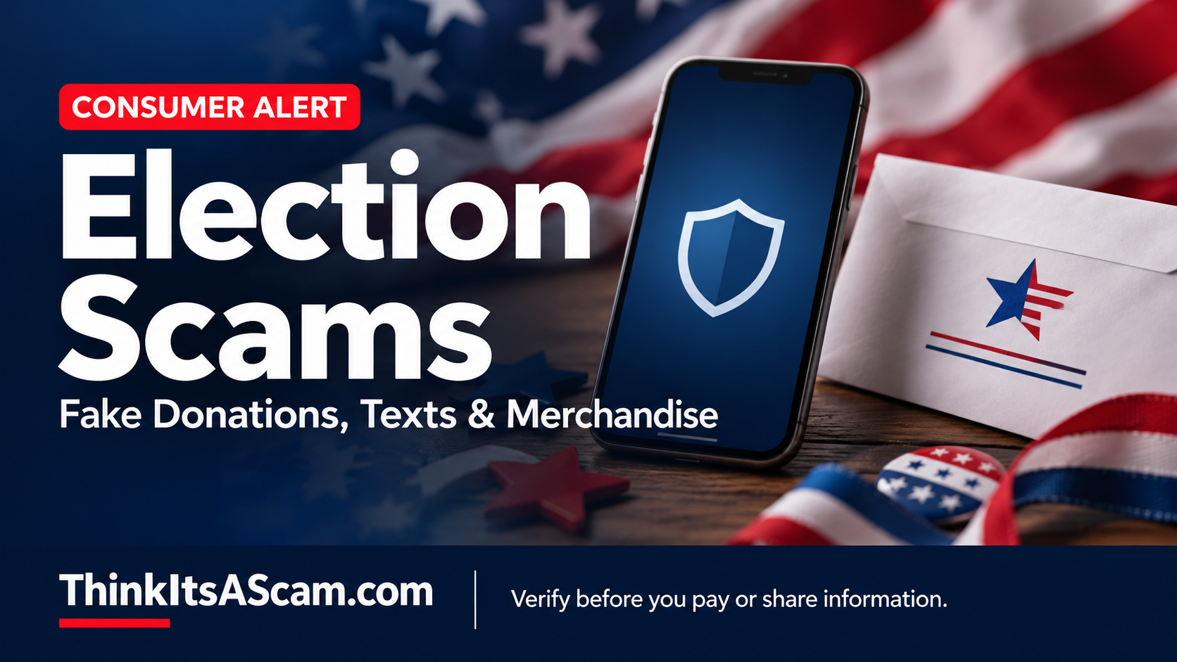 Election scams: fake donations, texts and merchandise, with a generic phone, shield and envelope; TIAS editorial illustration.