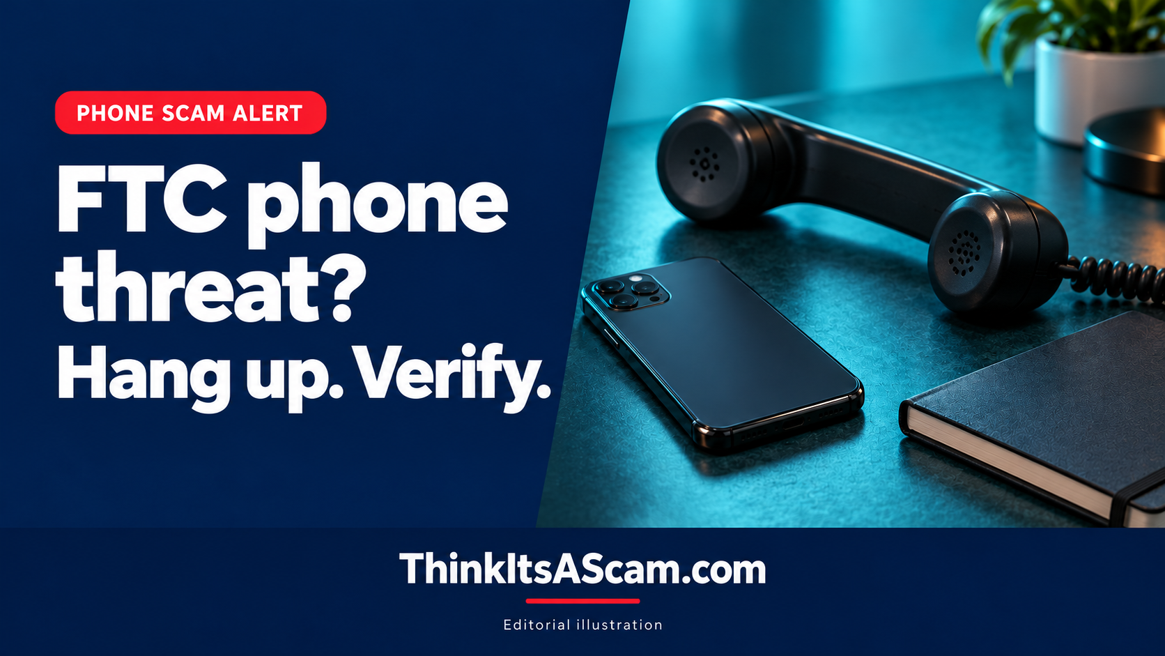 Editorial illustration of a phone and telephone receiver beside advice to hang up and verify an FTC phone threat.