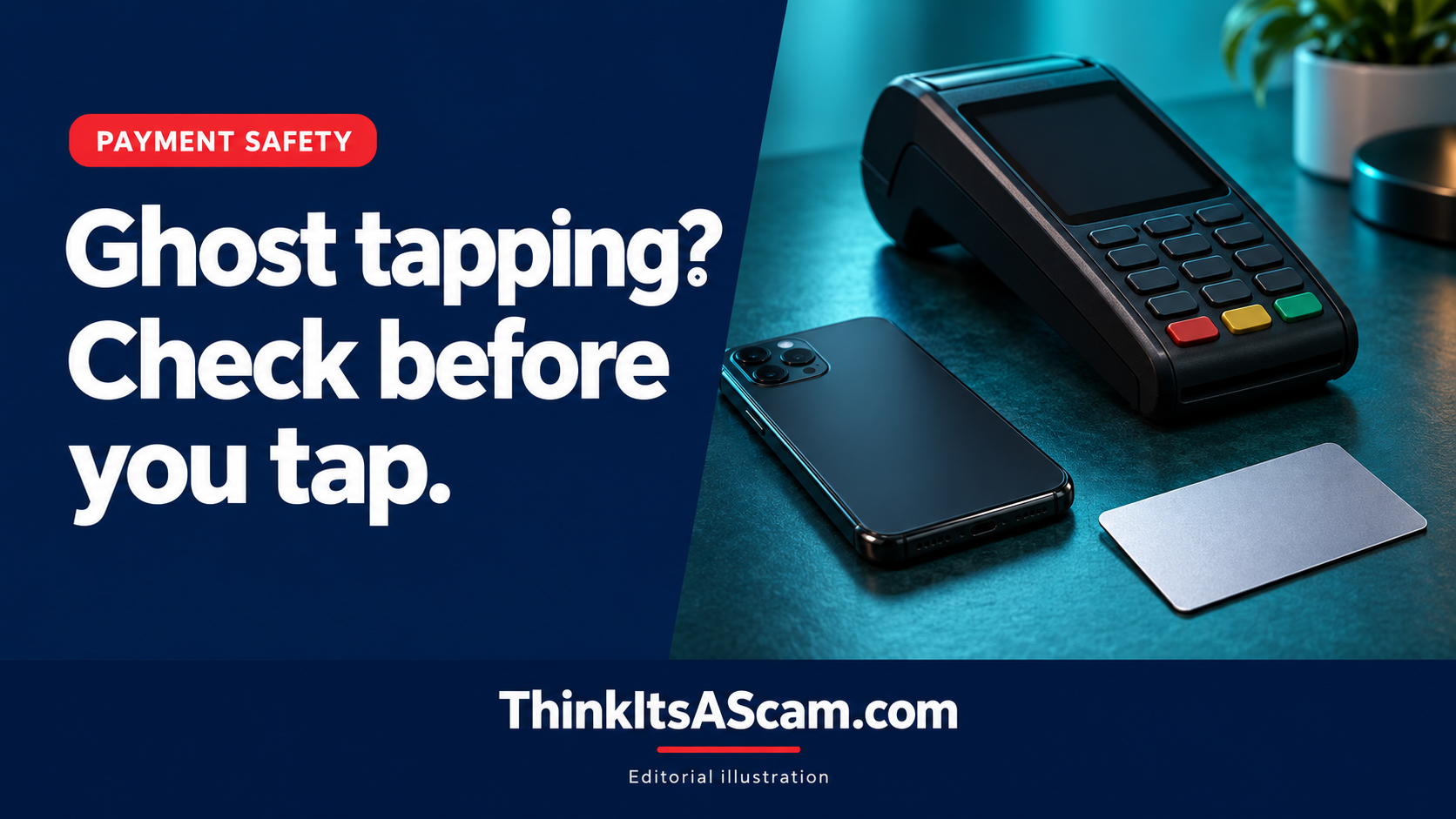 Editorial illustration of a payment terminal, blank card and phone beside advice to check before tapping.