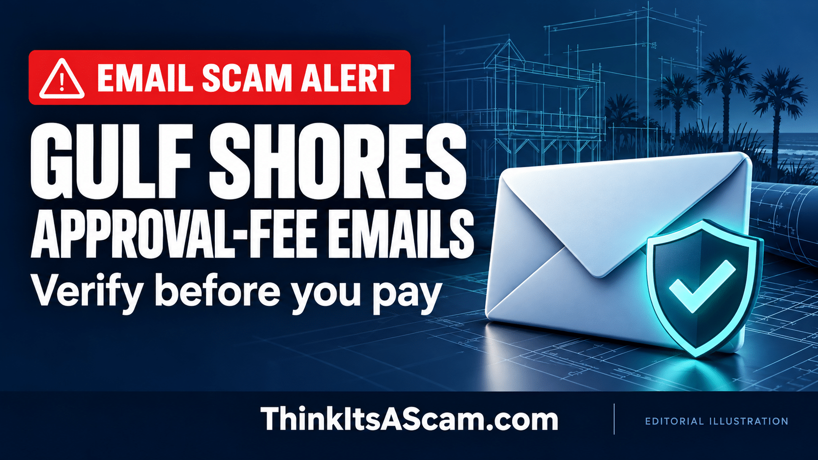Editorial illustration of an envelope and verification shield beside the words Gulf Shores approval-fee emails: Verify before you pay.